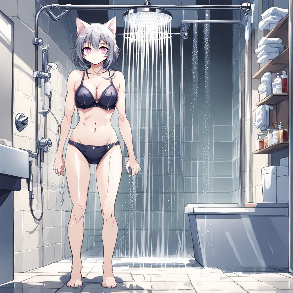 Anime Cat Girl in Shower, Manga Art Style