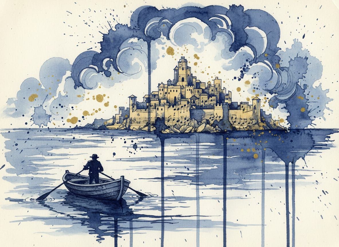 Fisherman Rows to Medieval Island Town at Dawn in Ink Splatt...