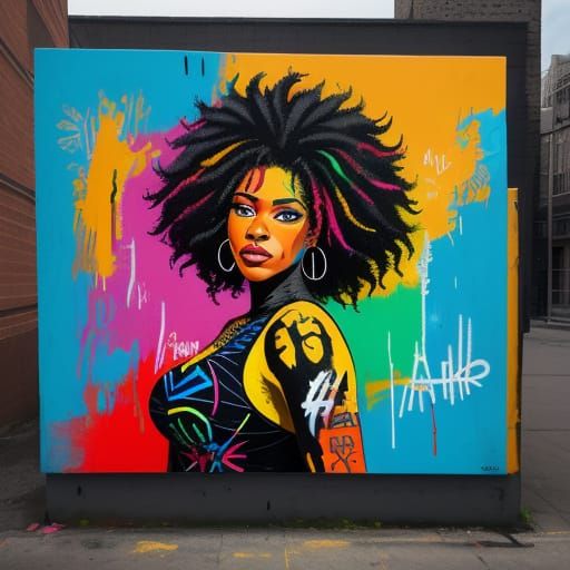 Voluptuous Black Woman with Vibrant Street Art Expression