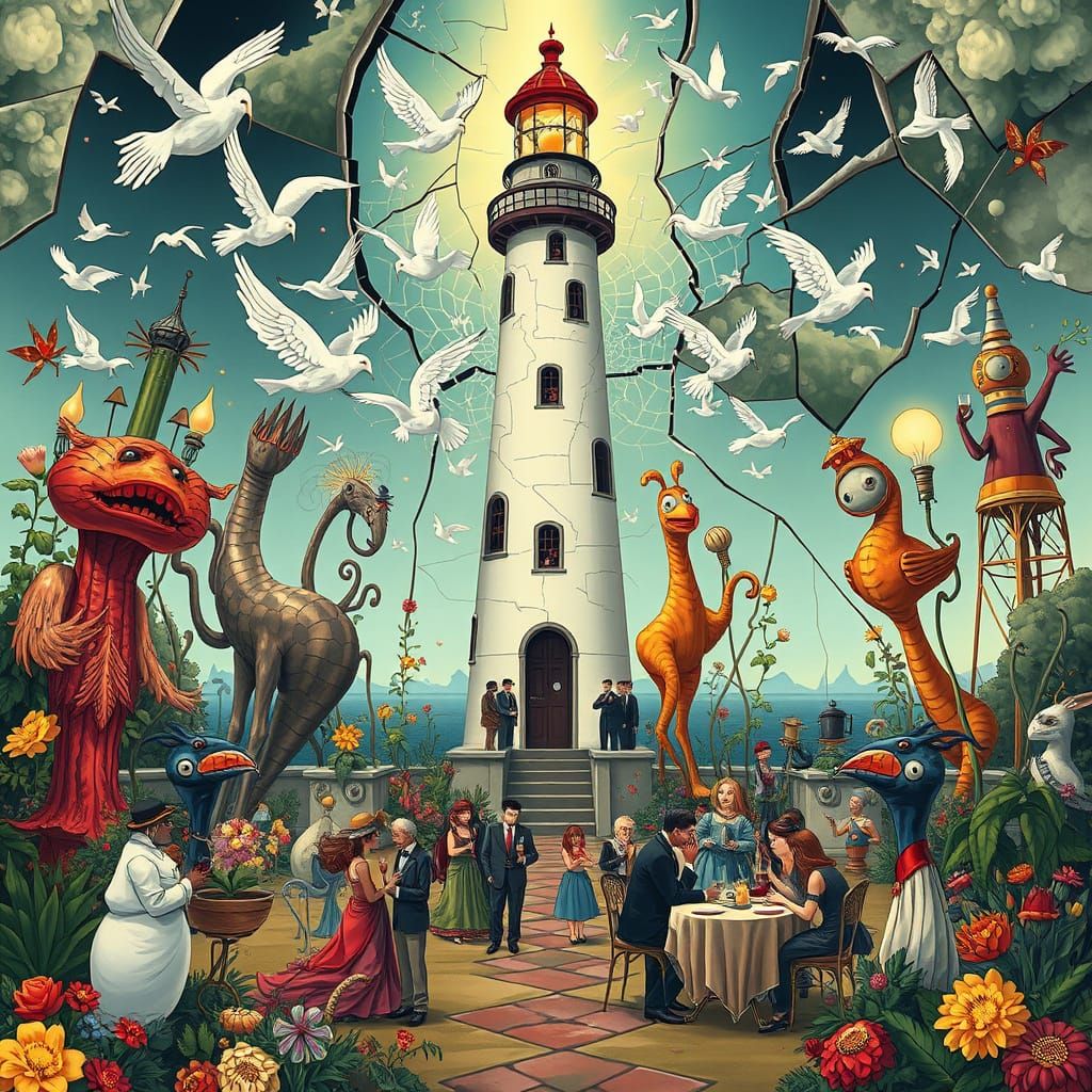 Surreal Garden Party with Lighthouse in Cartoon Style