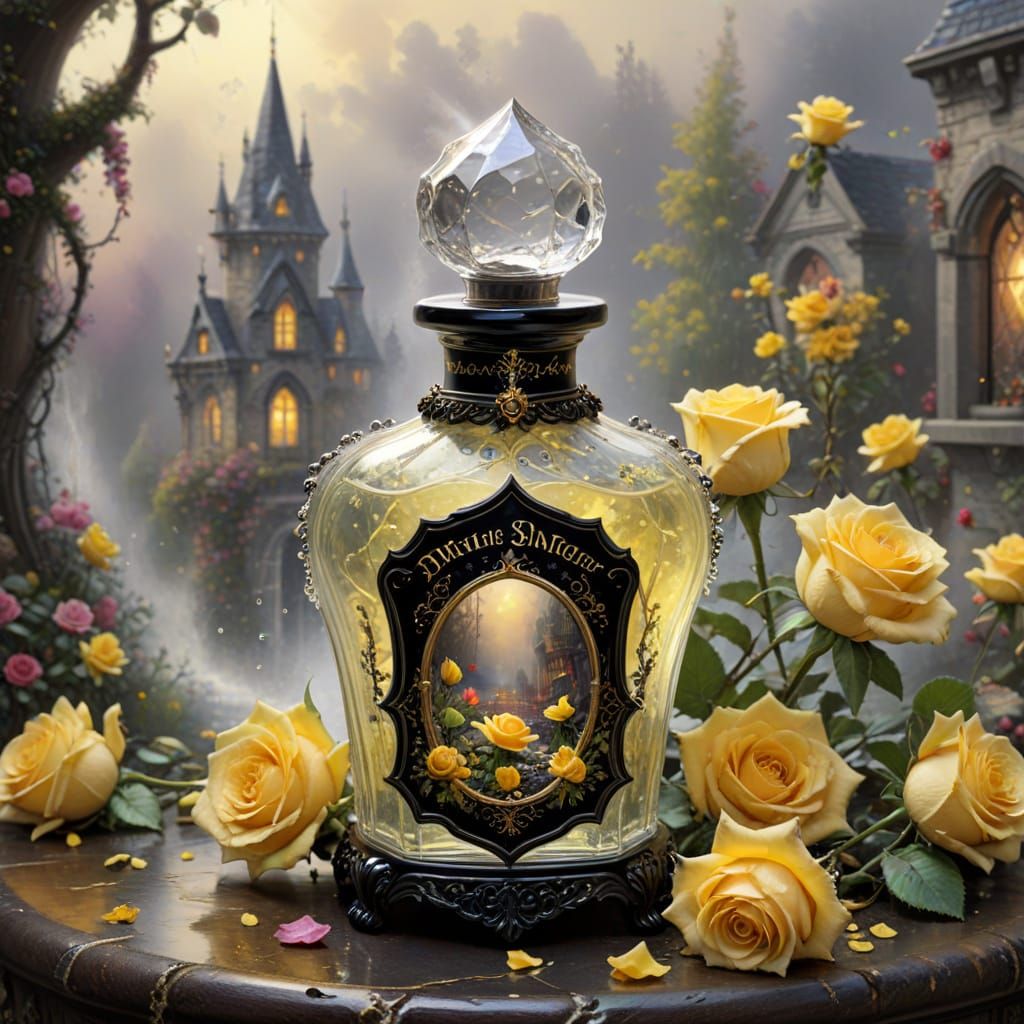 Gothic Perfume Bottle with Yellow Roses and Mist