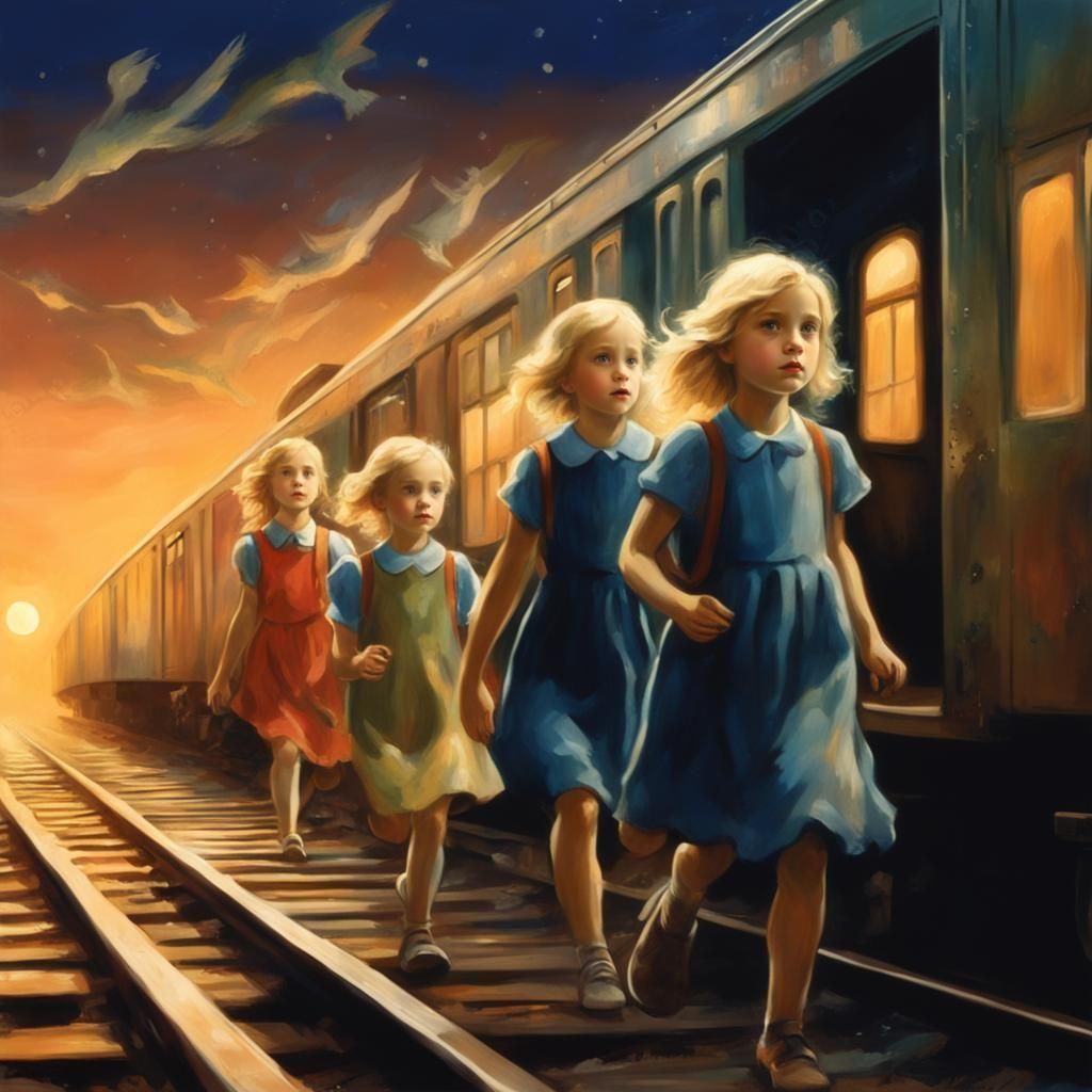 Girls on a Train Platform in Chagall Style