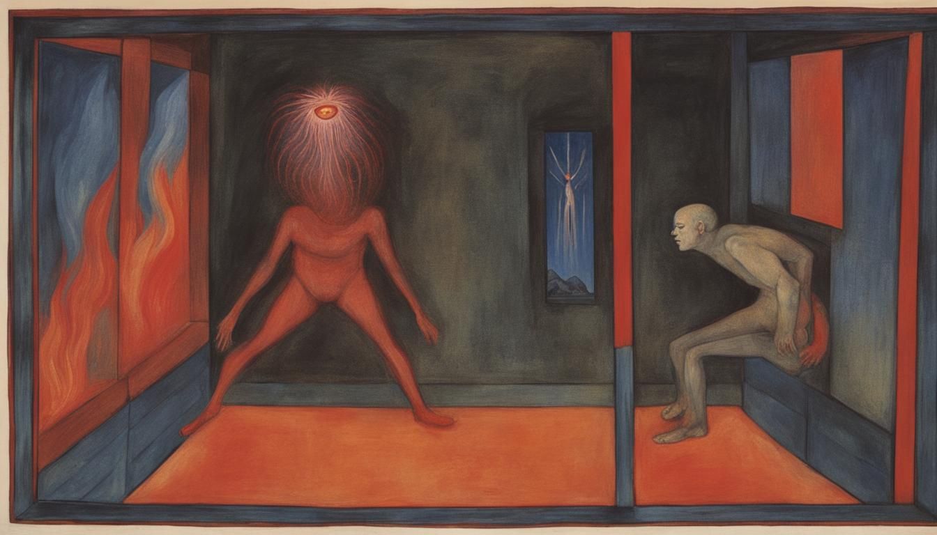 Cyclops Witch Flying Through Window in Expressionist Style