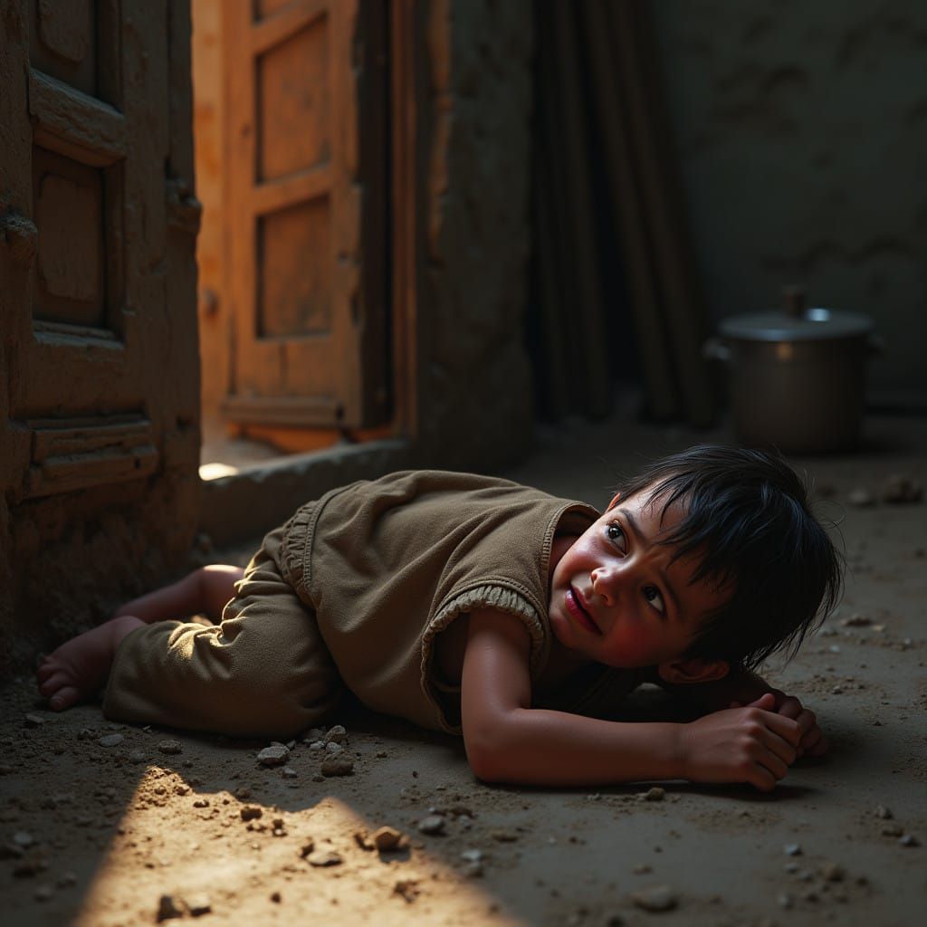 Fragile Moroccan Child Cries from Hunger in Poverty-Stricken...