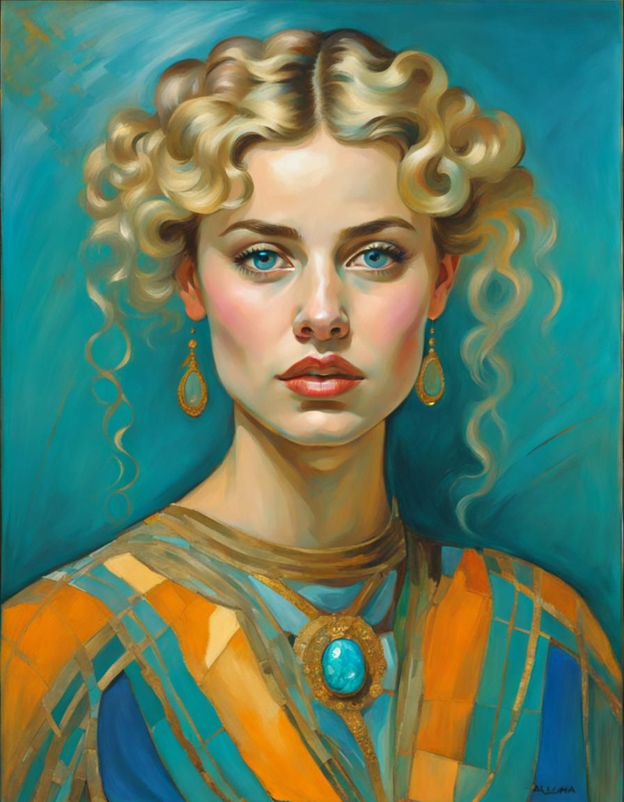 Oil portrait in linen, beautiful female, looking at us.