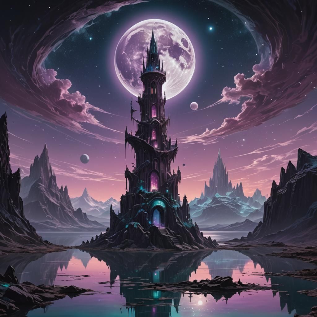 Dark Crystal Tower with Planets and Moon
