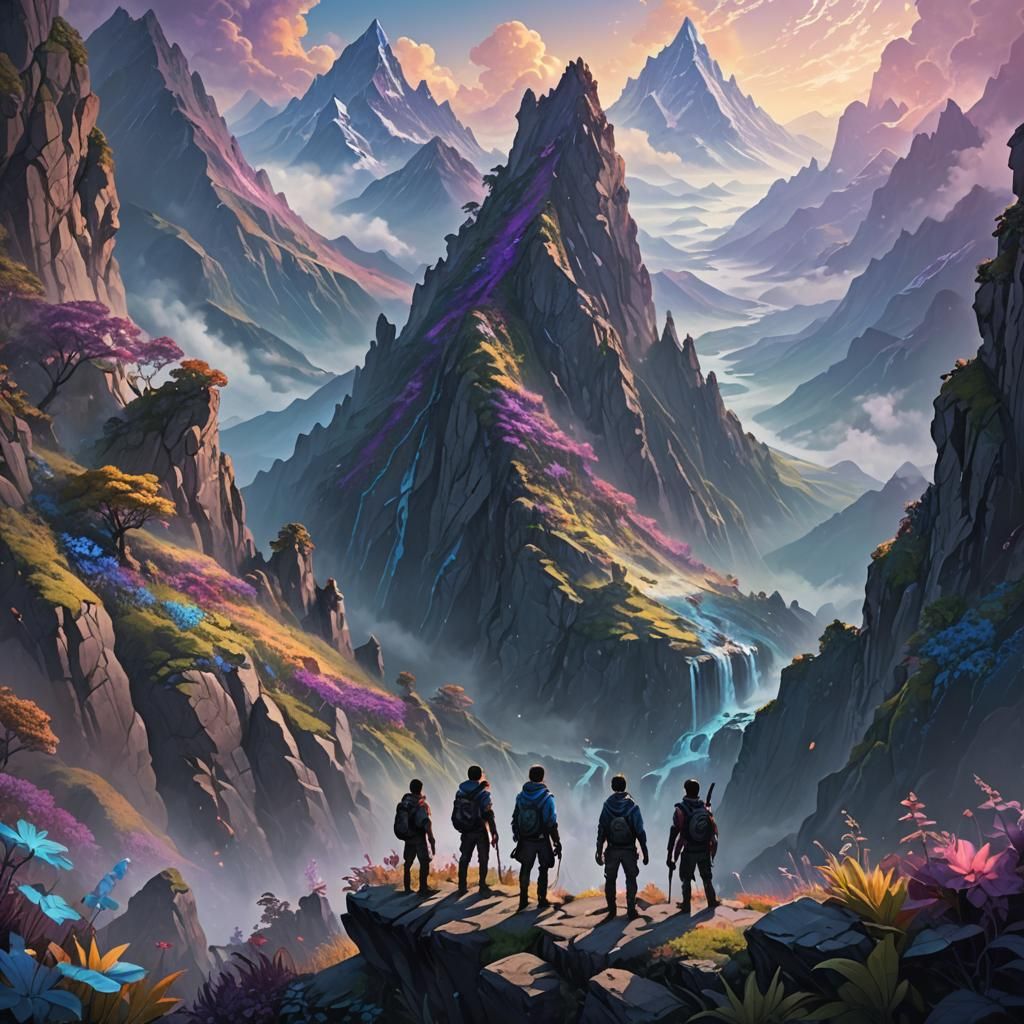 Fantasy Mountain Range with Glowing Flora