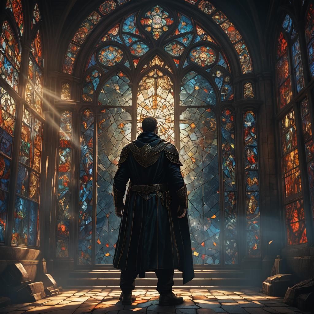 Stained Glass Window with Radiating Figure