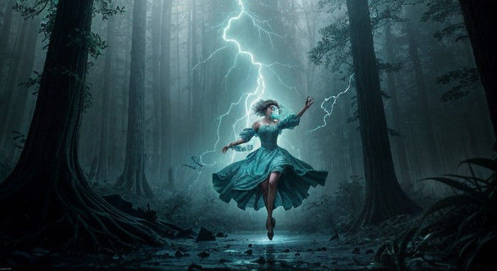 Ethereal Woman in Stormy Forest, Hyperdetailed Art