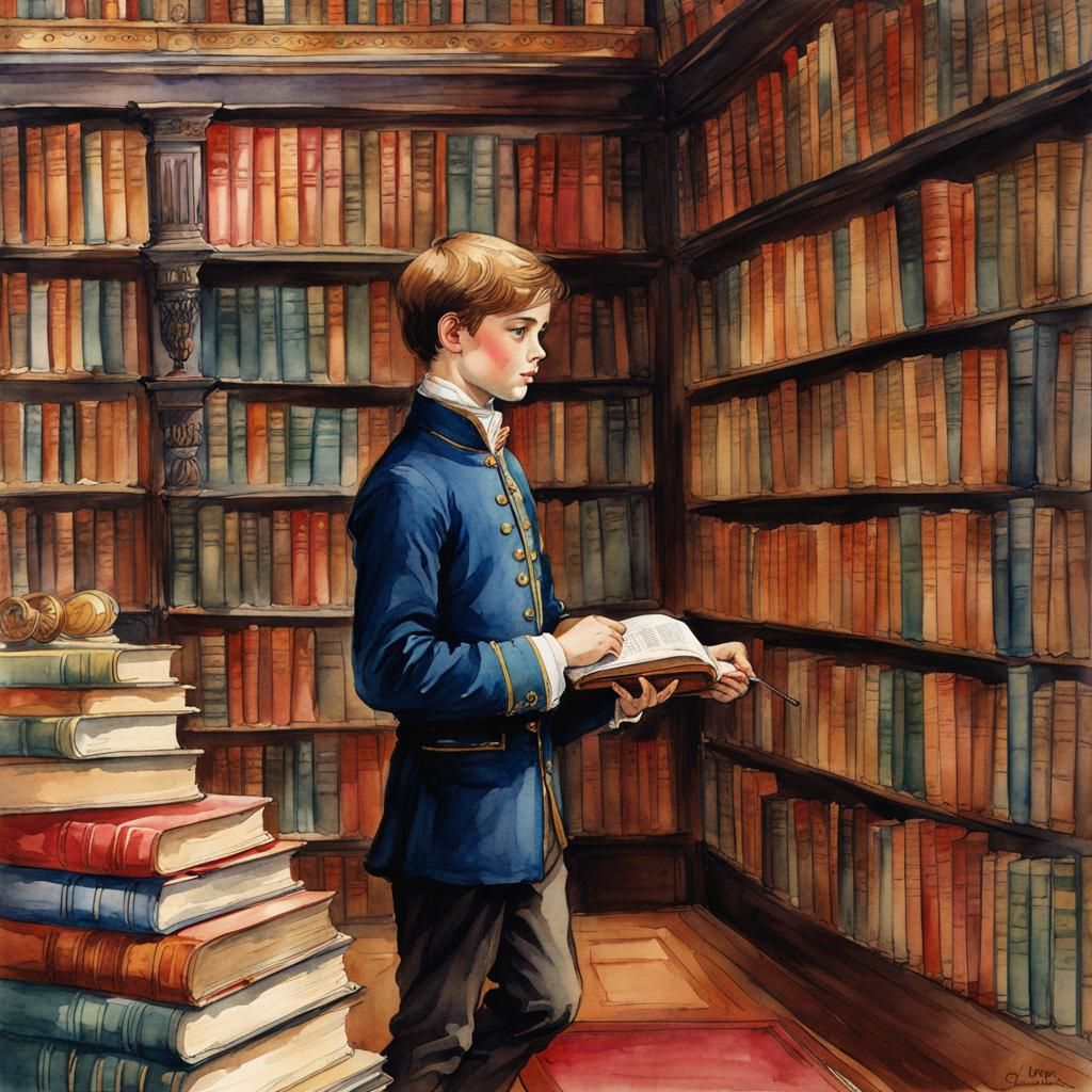 Boy Prince in Library: Delicate Watercolor Illustration