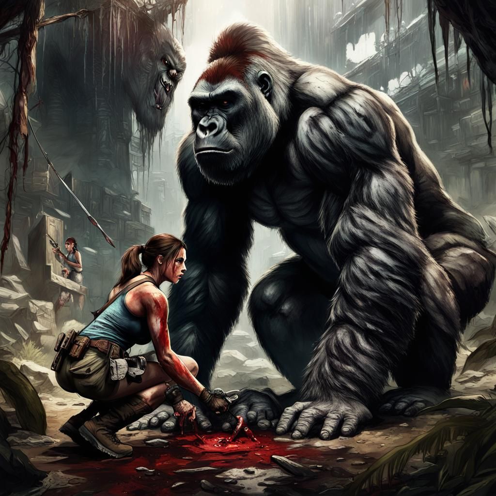 Lara Croft kneels before a fearsome gorilla
