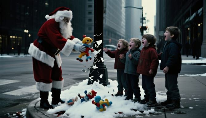 Santa Distributes Broken Toys in Gritty Chicago Street Scene