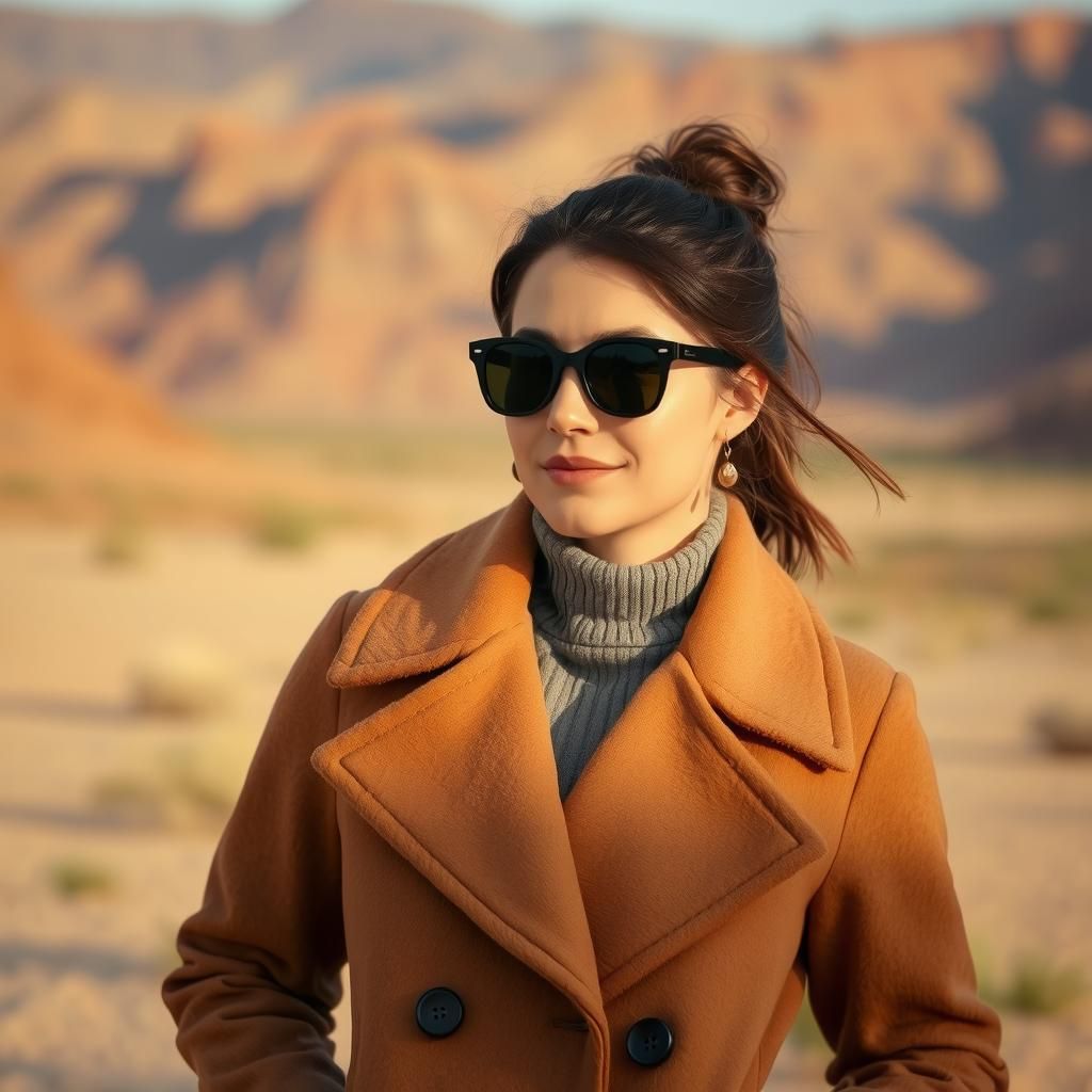 Woman in Beige Coat in Desert Landscape