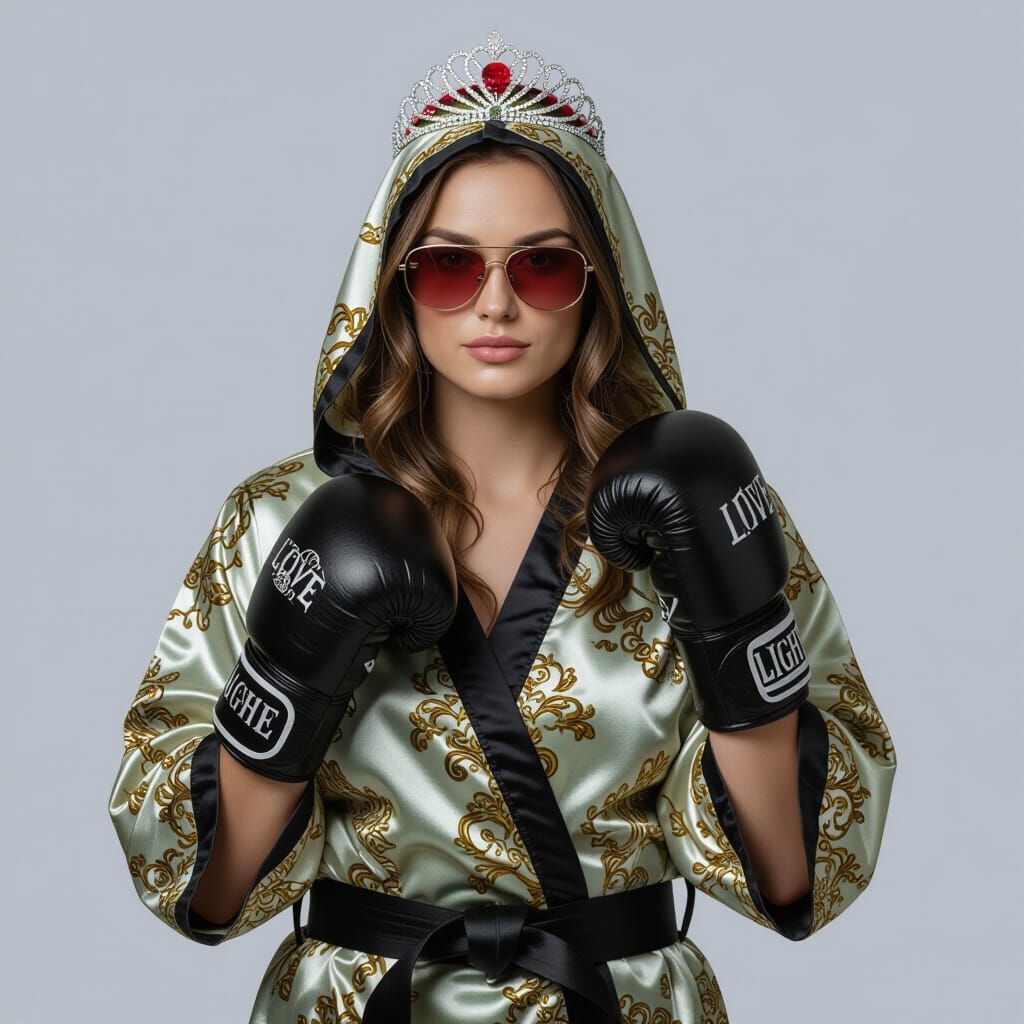 Woman in Boxing Robe with Tiara and 'Love'/'Light' Gloves