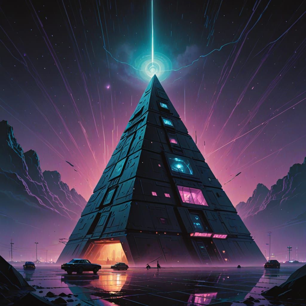 Obsidian Pyramid in Nebula: Neo-Noir 3D Render