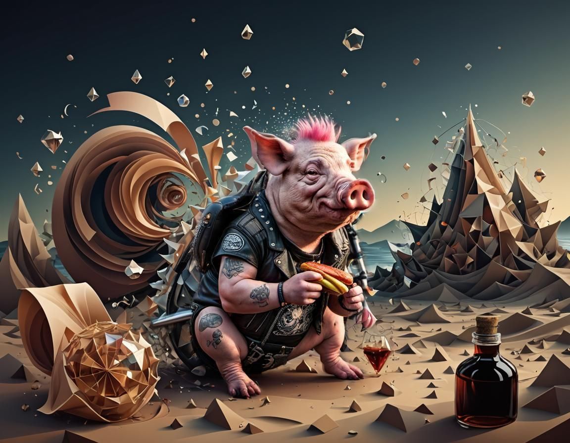 Cubist Fractal Art: Ghost Pig in Cola Flacon