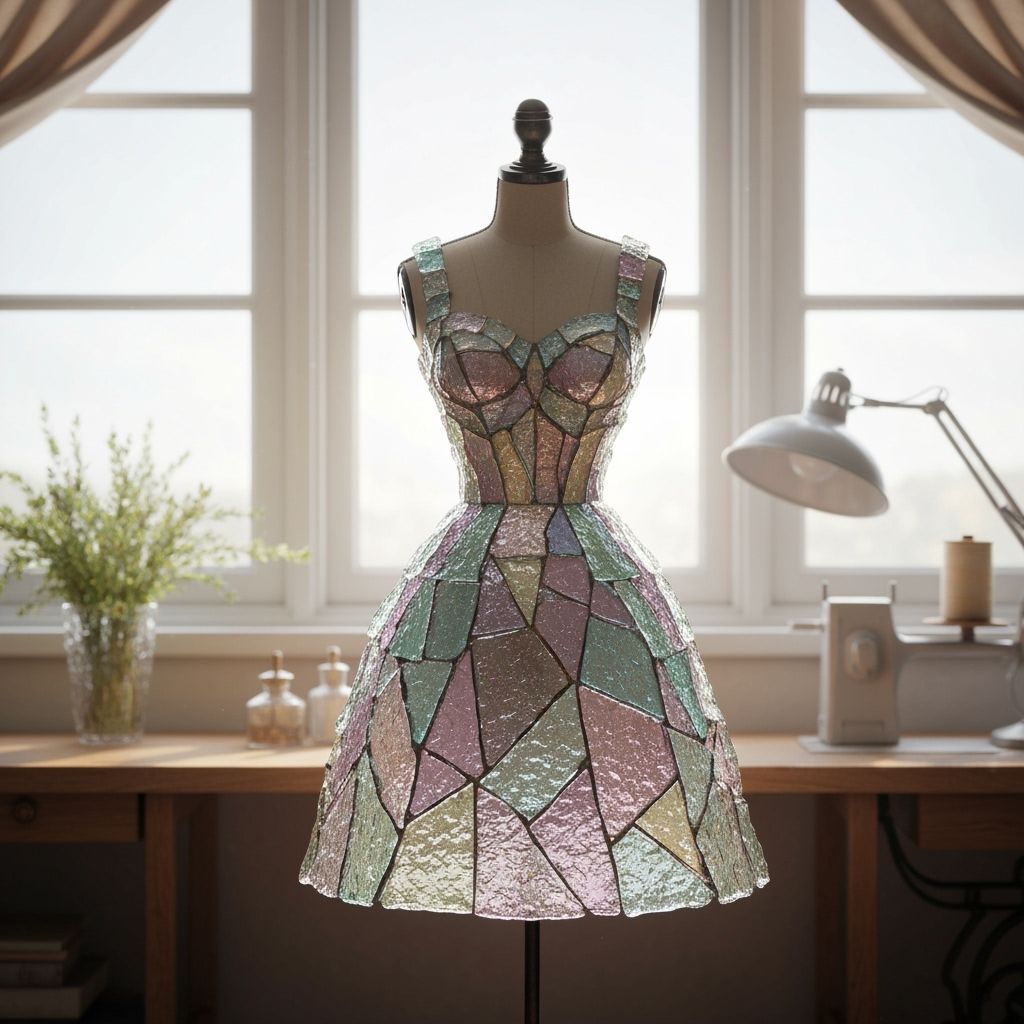 Textured Glass Dress on Mannequin in Luminous Sewing Room