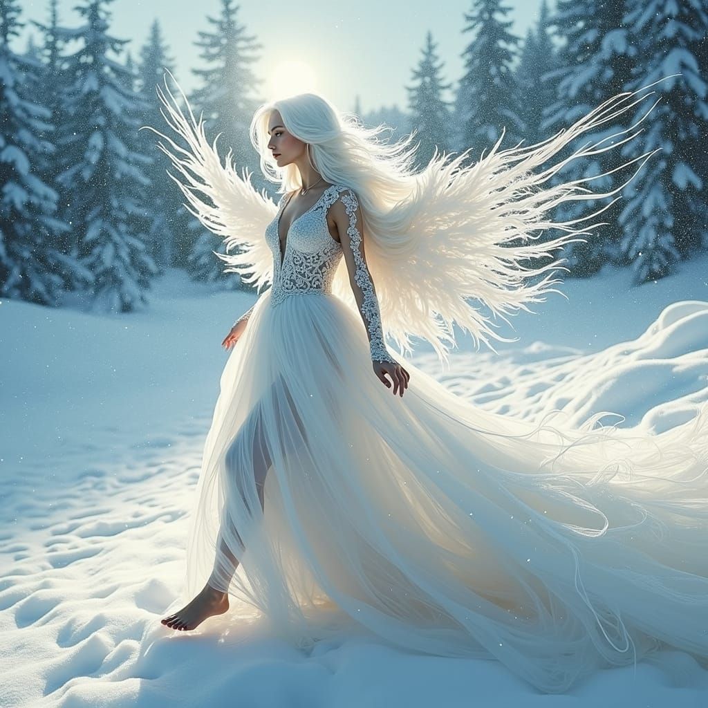 Ethereal Woman in Snowscape with Crystalline Wings