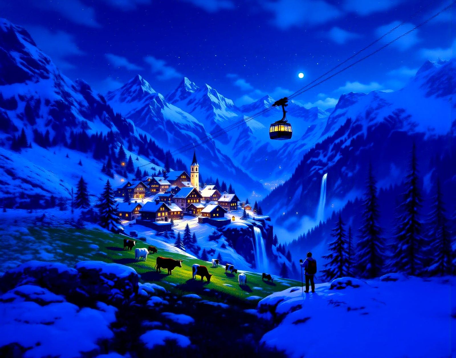 Whimsical Alpine Village and Hiker in Digital Painting Style