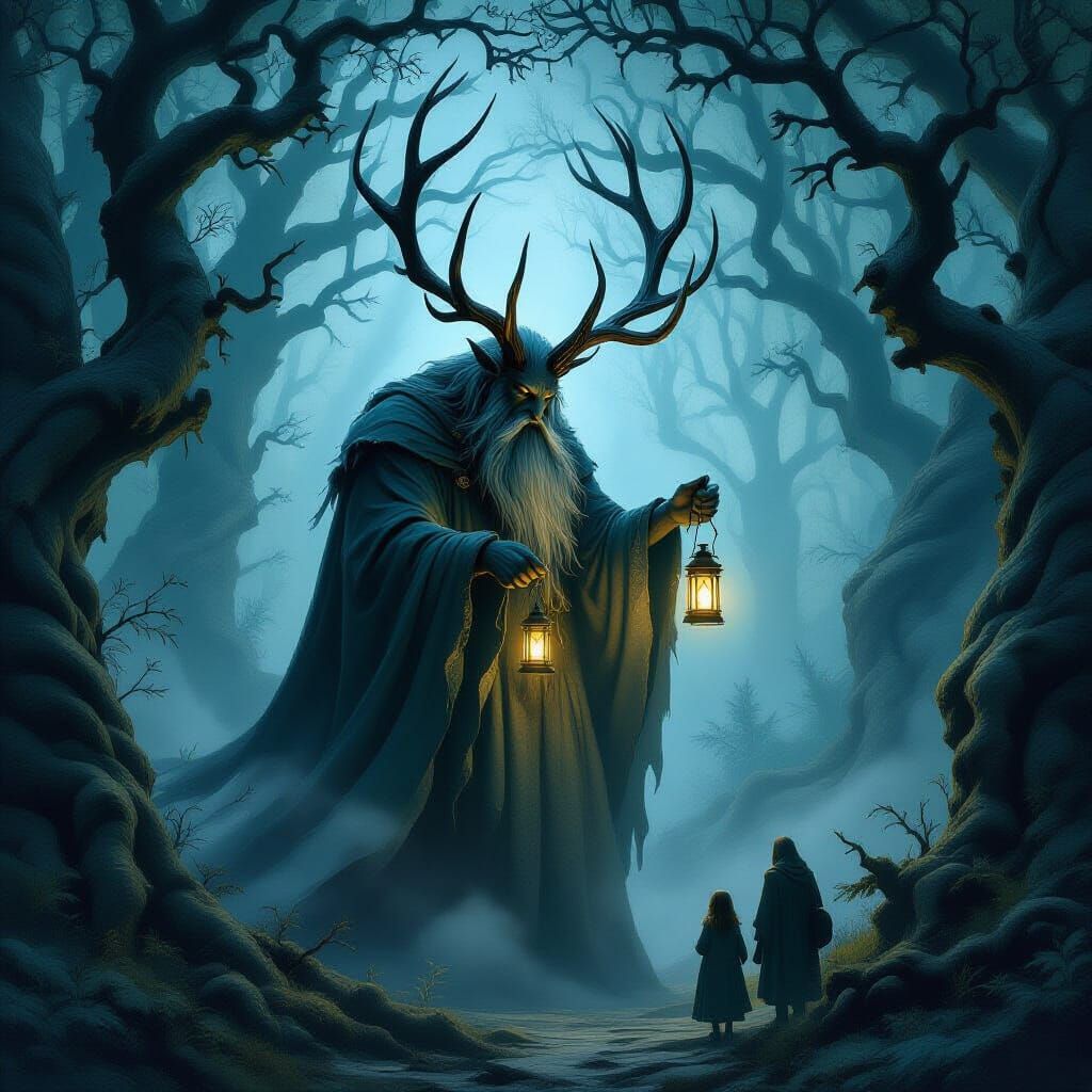 Mystical Forest Giant Lights Lanterns in Dark Fantasy Style