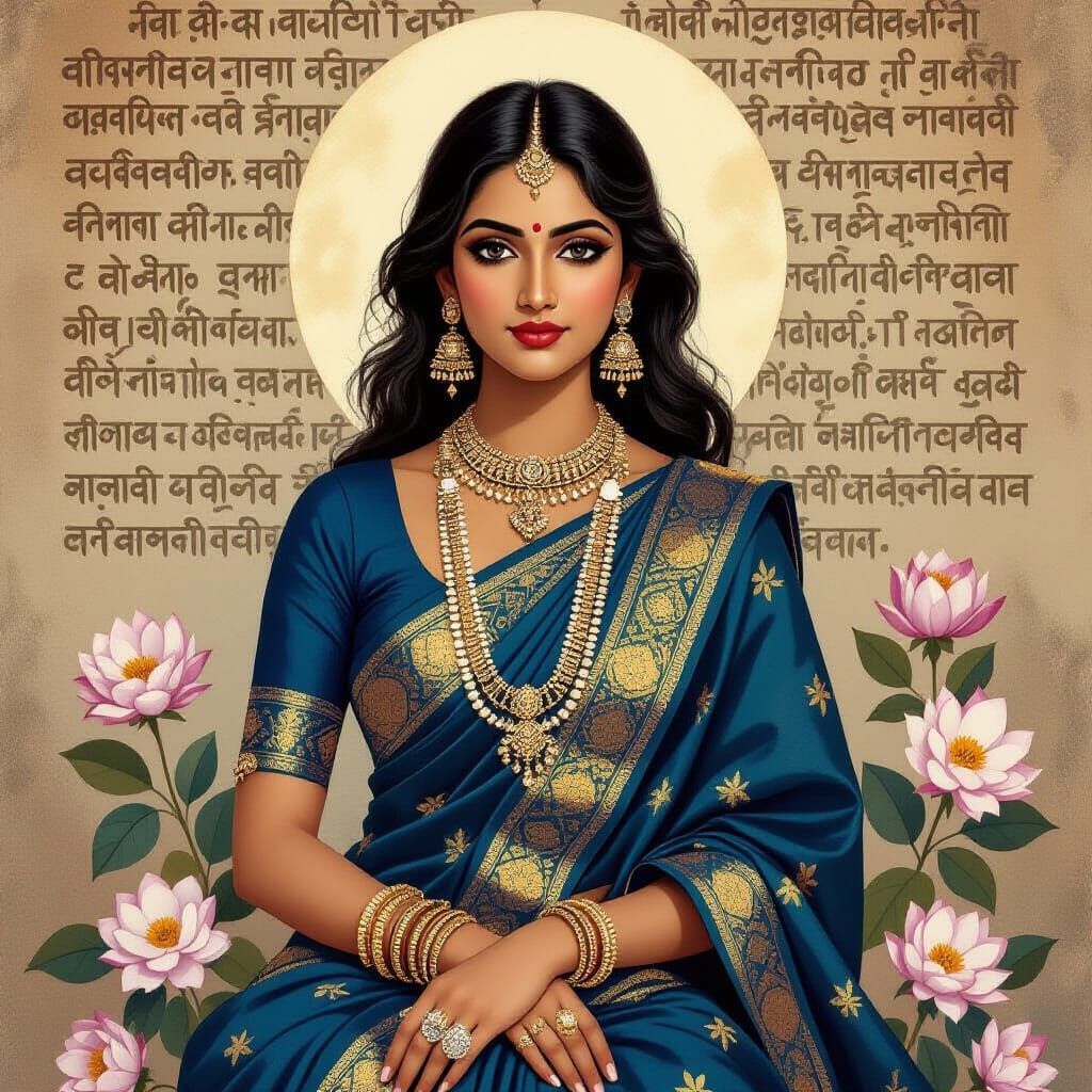 Indian Goddess Portrait with Moonflowers in Vintage Style