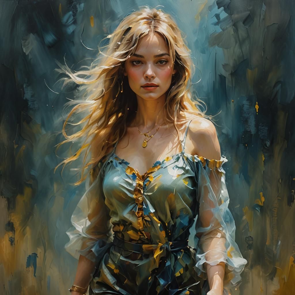 Girl Dancing in Fog: Oil on Canvas with Resin Texture