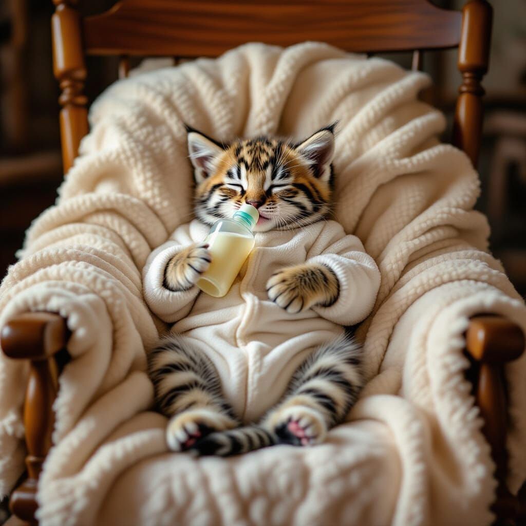 Kitten Nursing from Bottle: Heartwarming Rockwell-esque Scen...