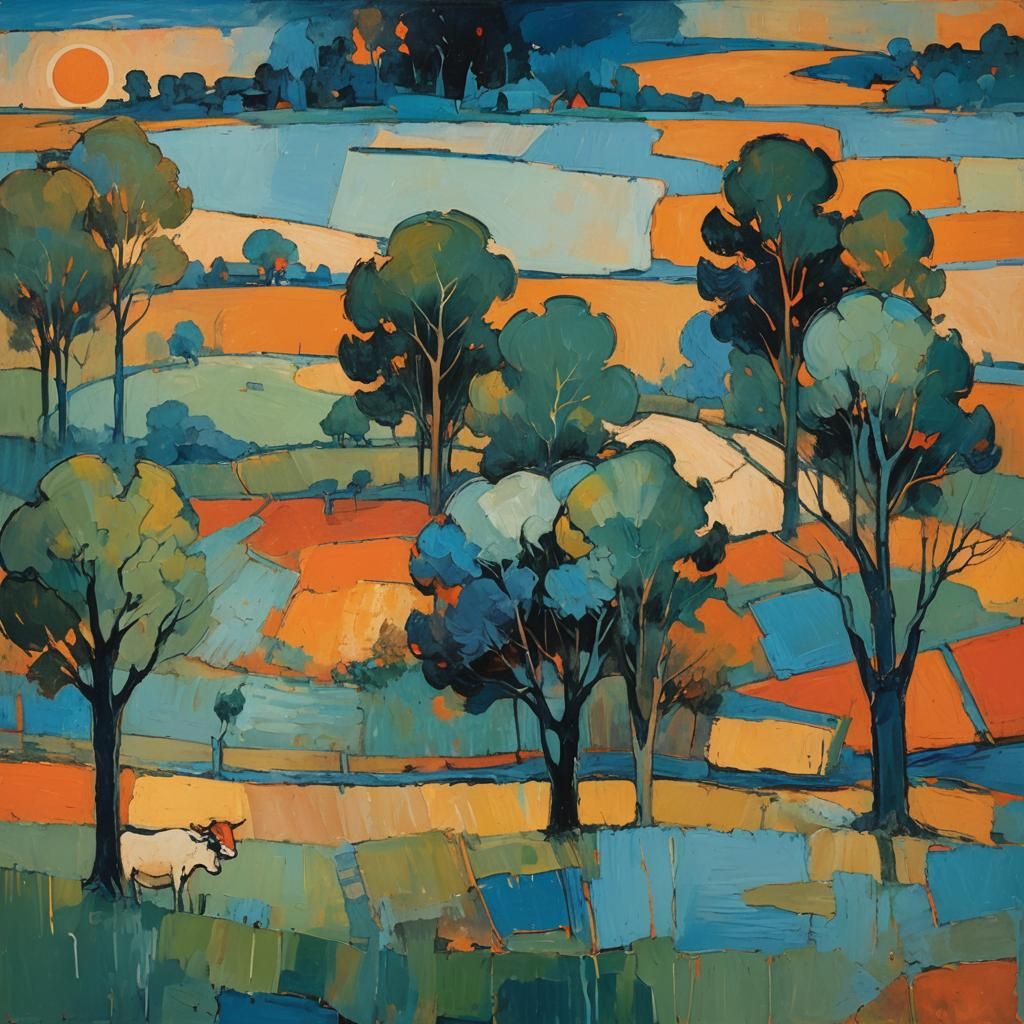 Abstract Expressionist Farm with Animals and Trees