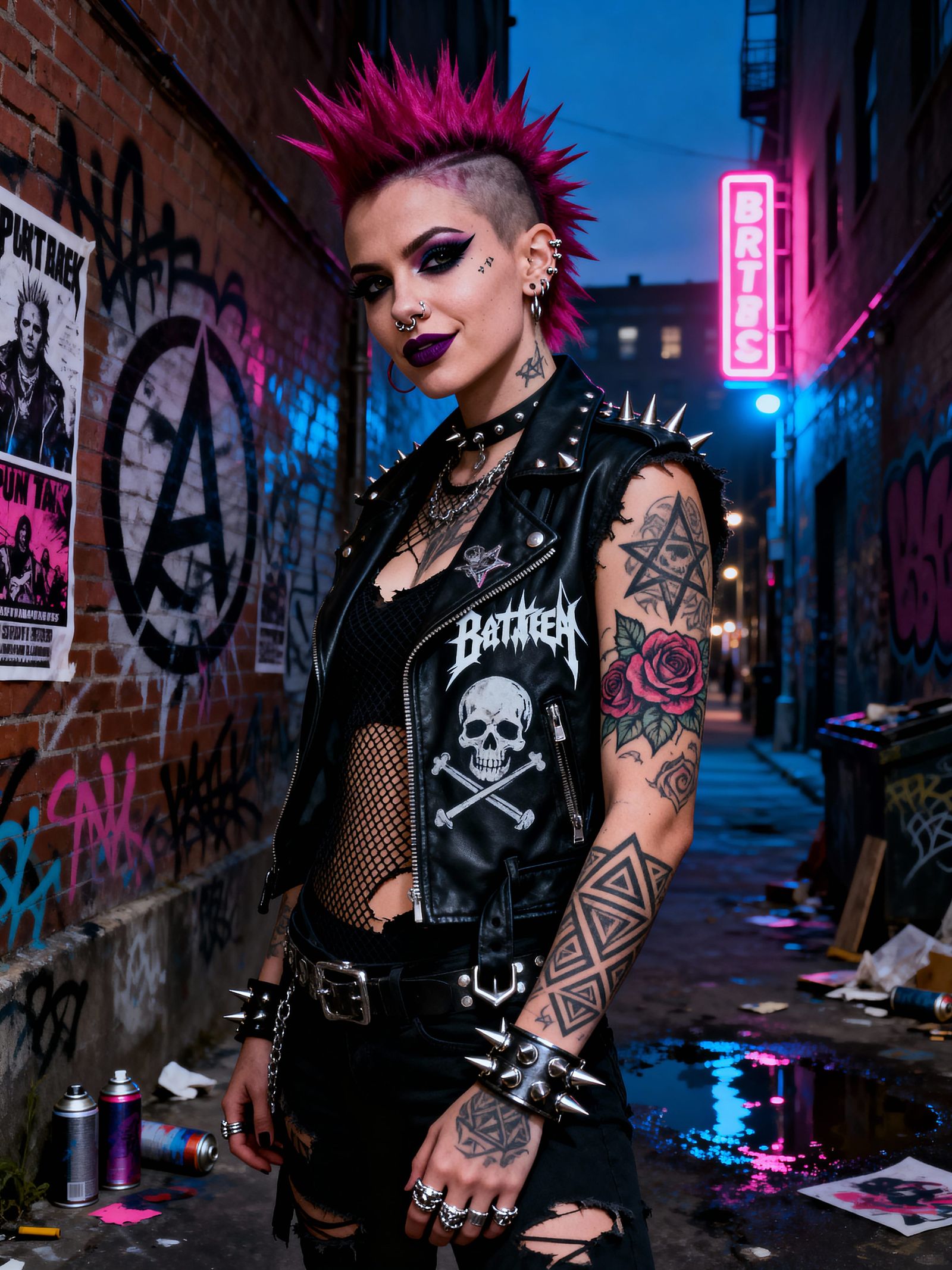 Defiant Punk Woman with Magenta Mohawk in Urban Alley