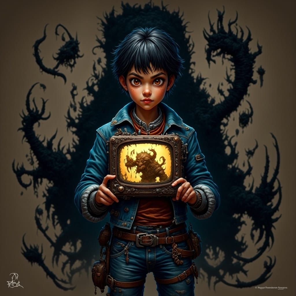 Boy Terrified by Malfunctioning Digital Pet in Darkened Room