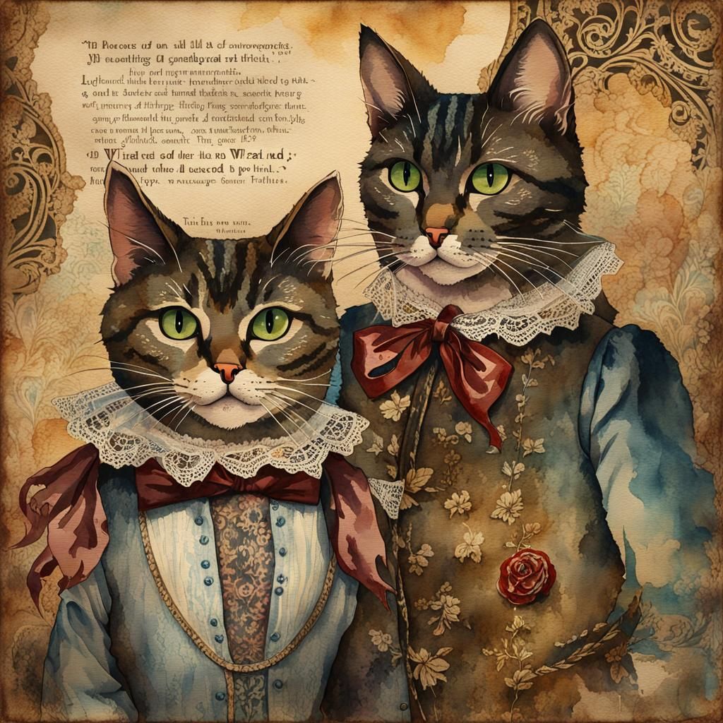 Cats in Vintage Attire Watercolor Illustration