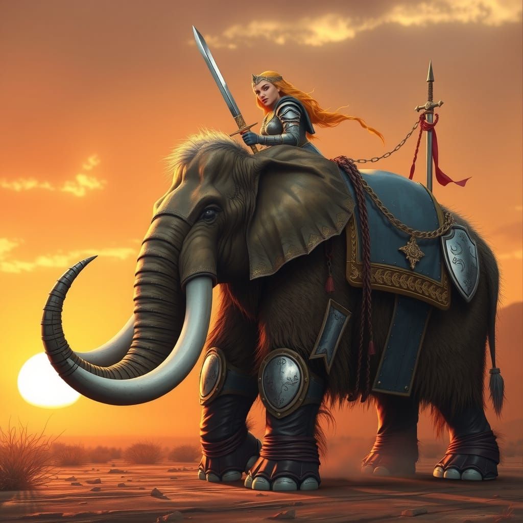 Armored War Elephant Princess at Sunrise