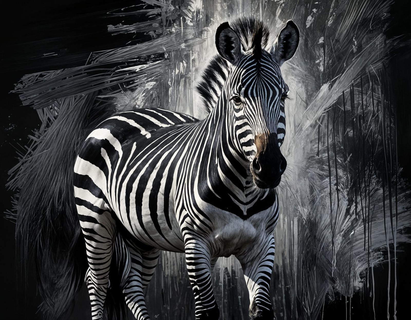 Black Zebra Painting with Silver Highlights in Grunge Style