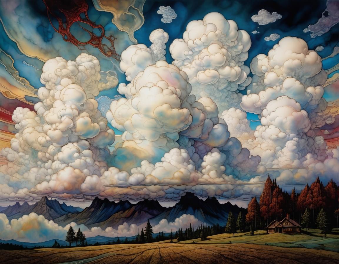 Surreal Cumulus Clouds in Alcohol Ink Style