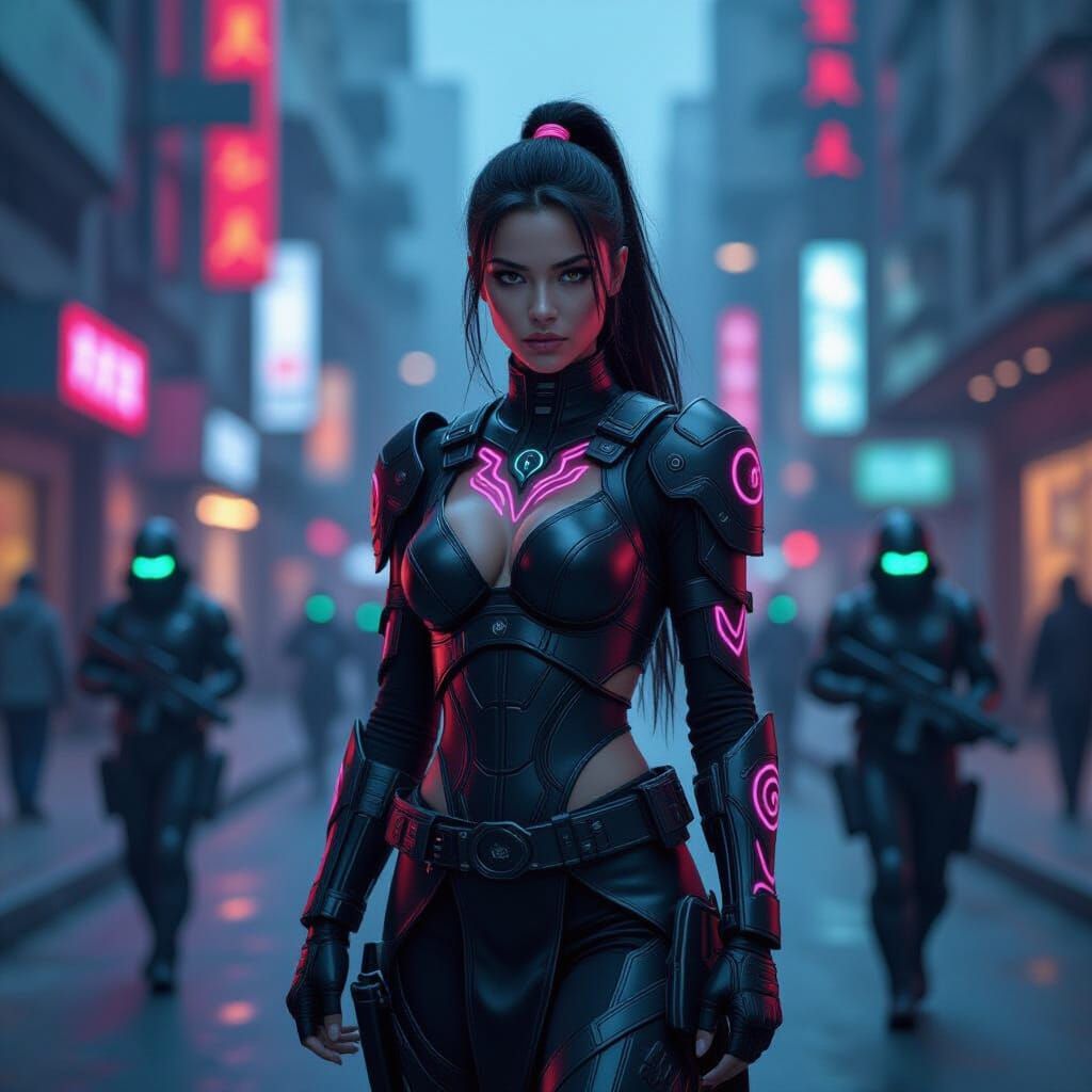 Cyber Warrior Battles Robots in Neon City