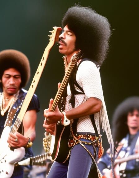 Jimi Hendrix Woodstock Performance: Hyperrealistic 70s Photo