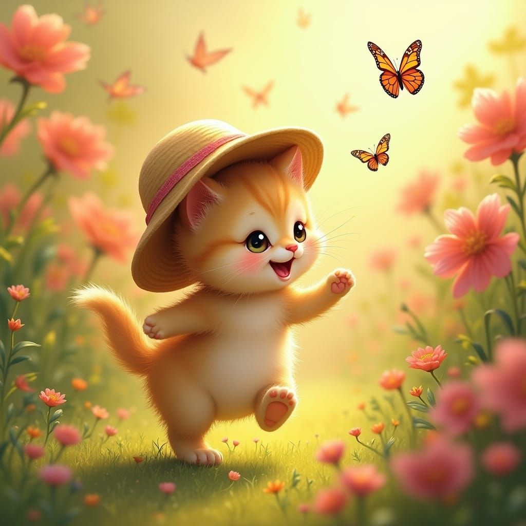 Whimsical Kitten in Vibrant Garden with Oversized Flowers