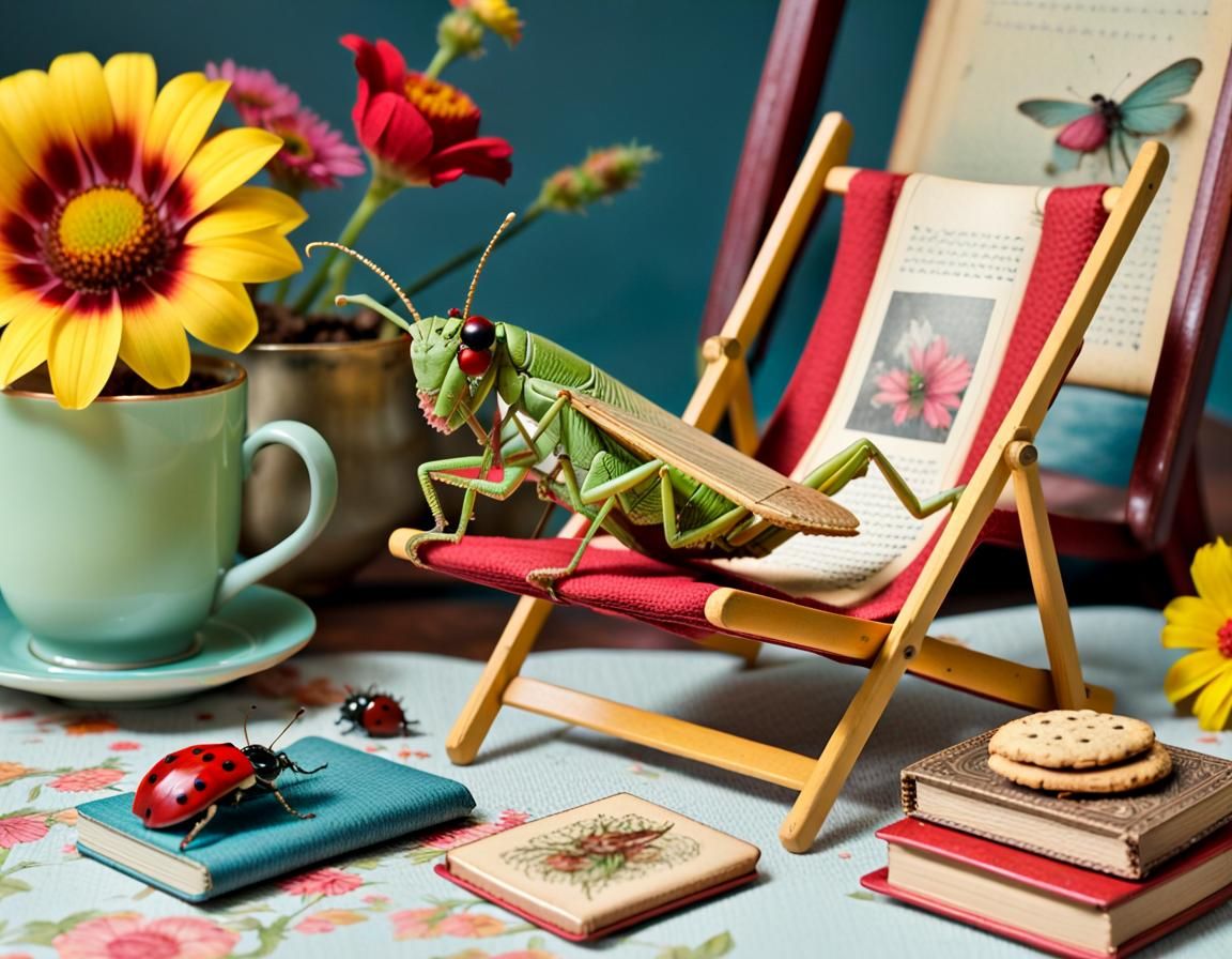 Grasshopper Lounging in a Miniature World