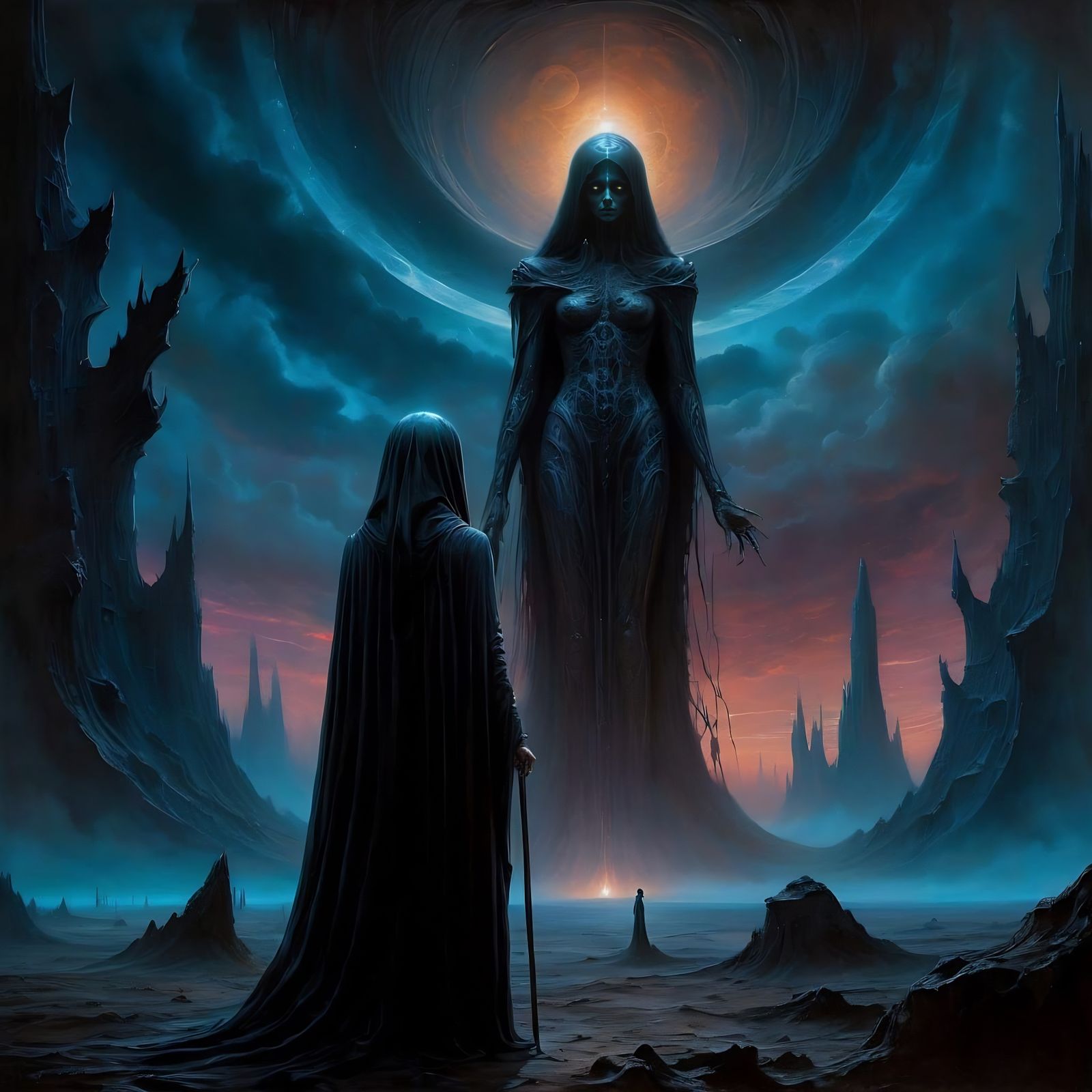 Sorceress Gazing at Cosmic Entity: Oil Painting