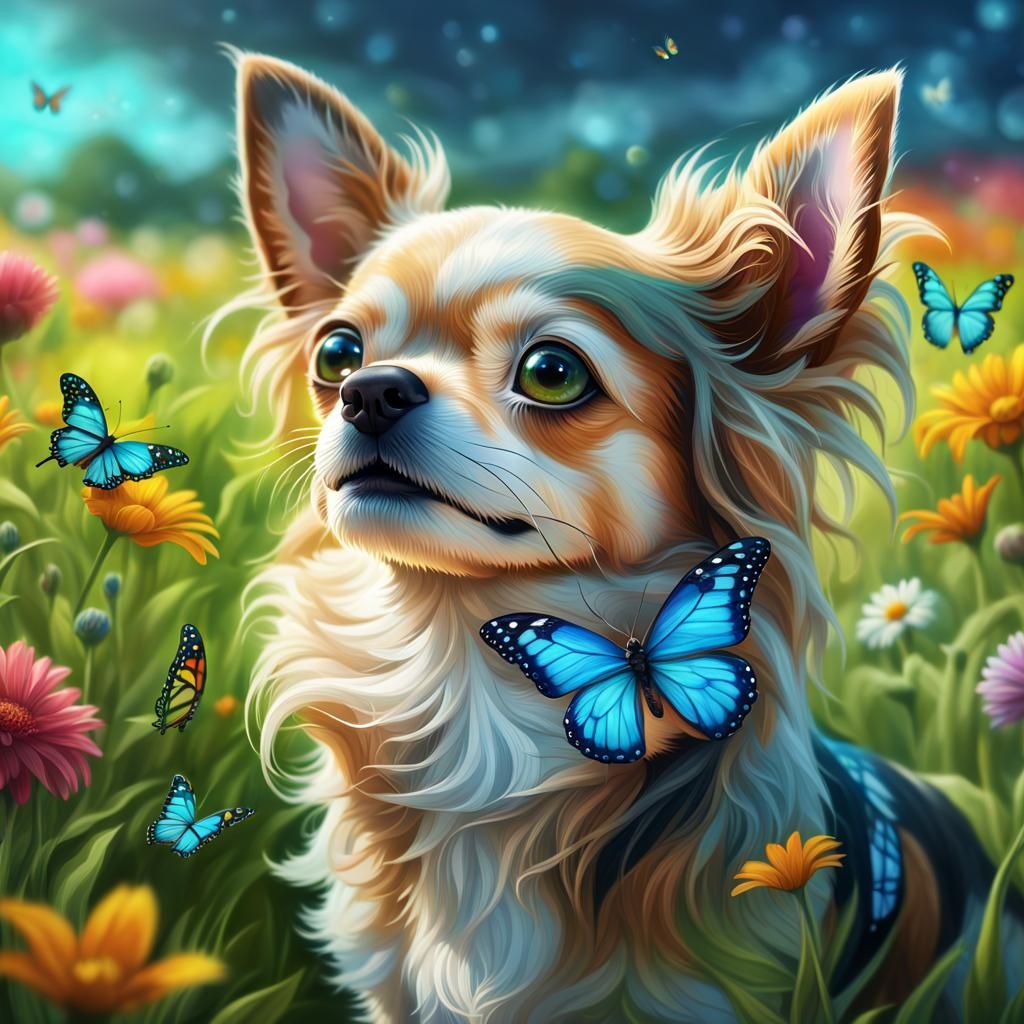 Chihuahua with Butterfly in a Lush Landscape