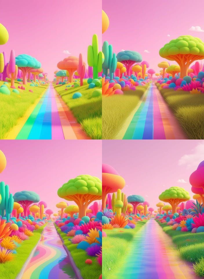 Surreal River Path Through Dreamscape with Rainbow Water