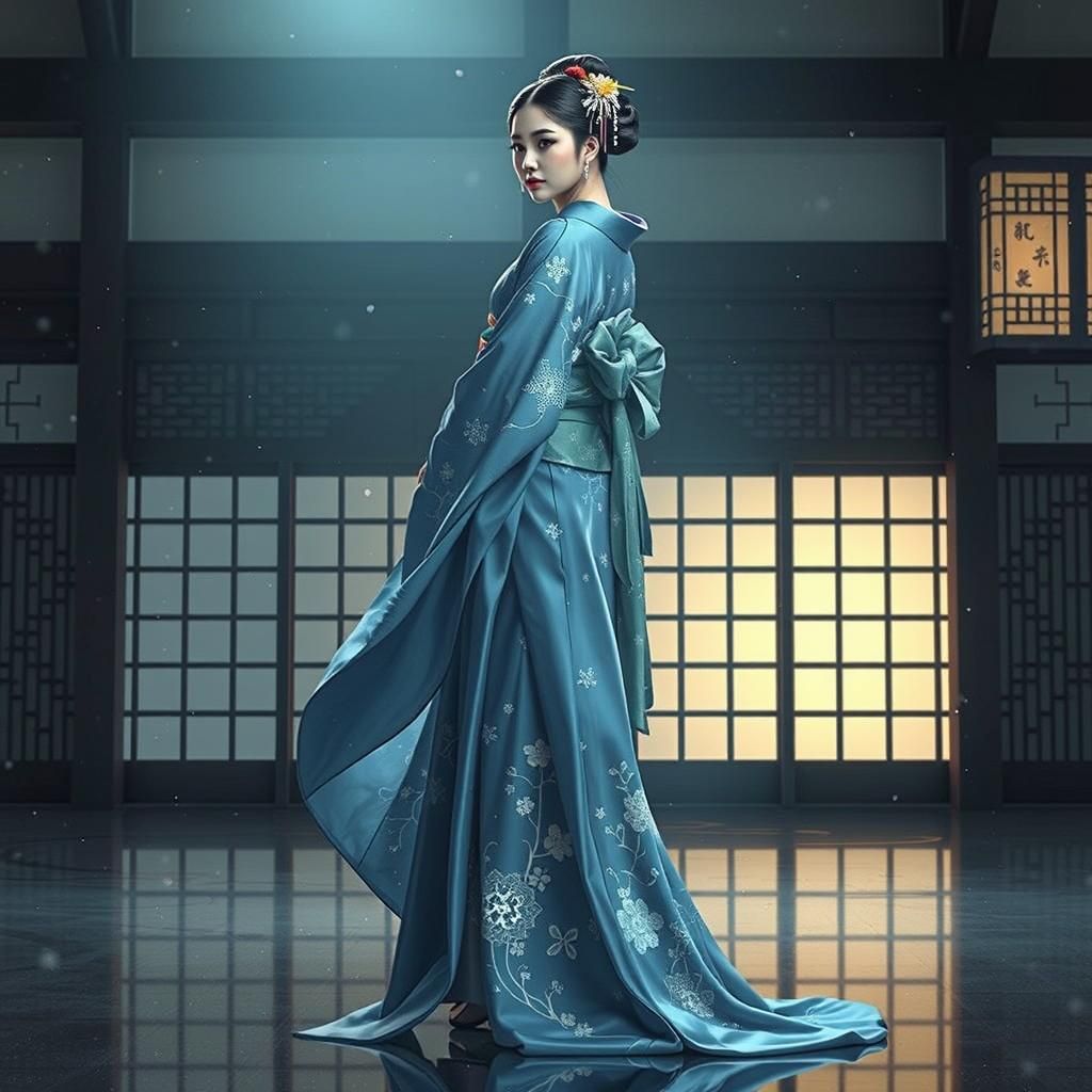 Geisha in Winter Kimono, Japanese Art Style