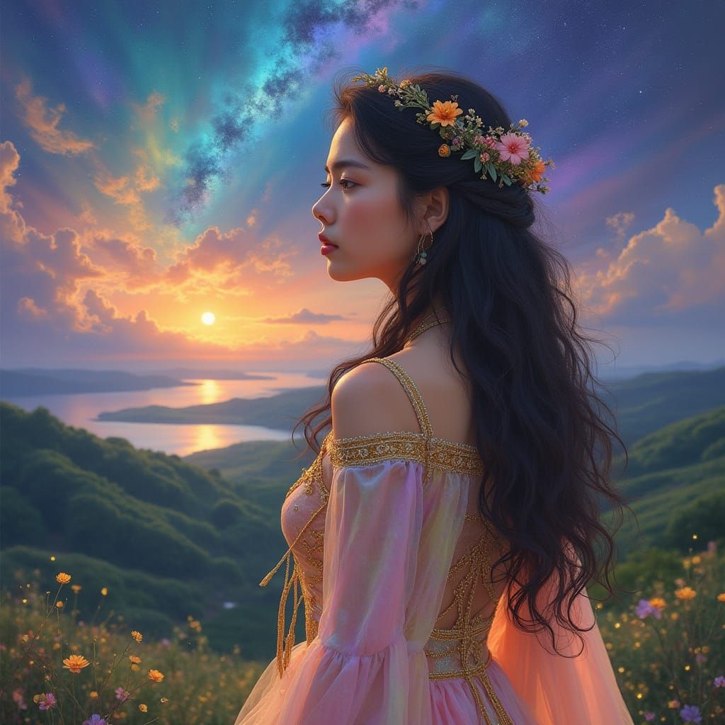Romanticized Portrait of a Young Woman in a Vibrant Celestia...