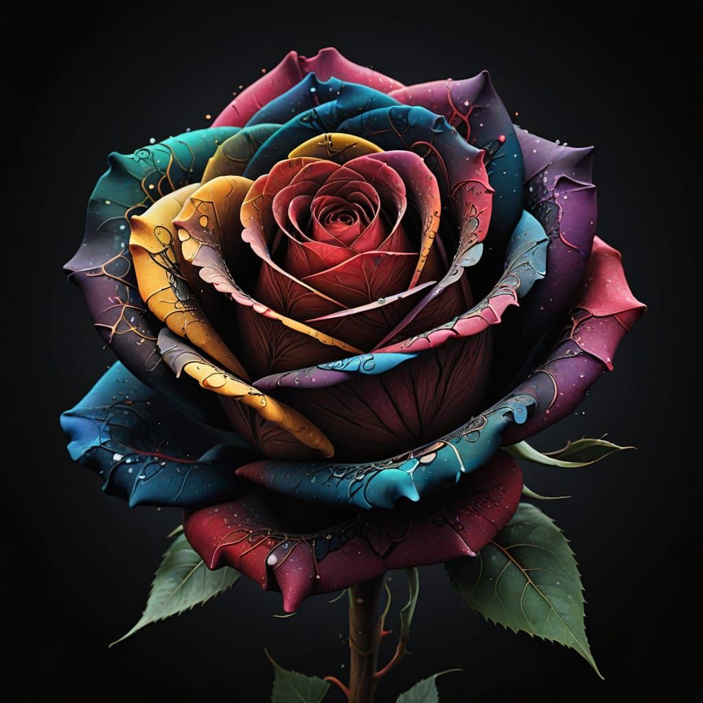Digital Rose Blooms in Void with Abstract Code Patterns