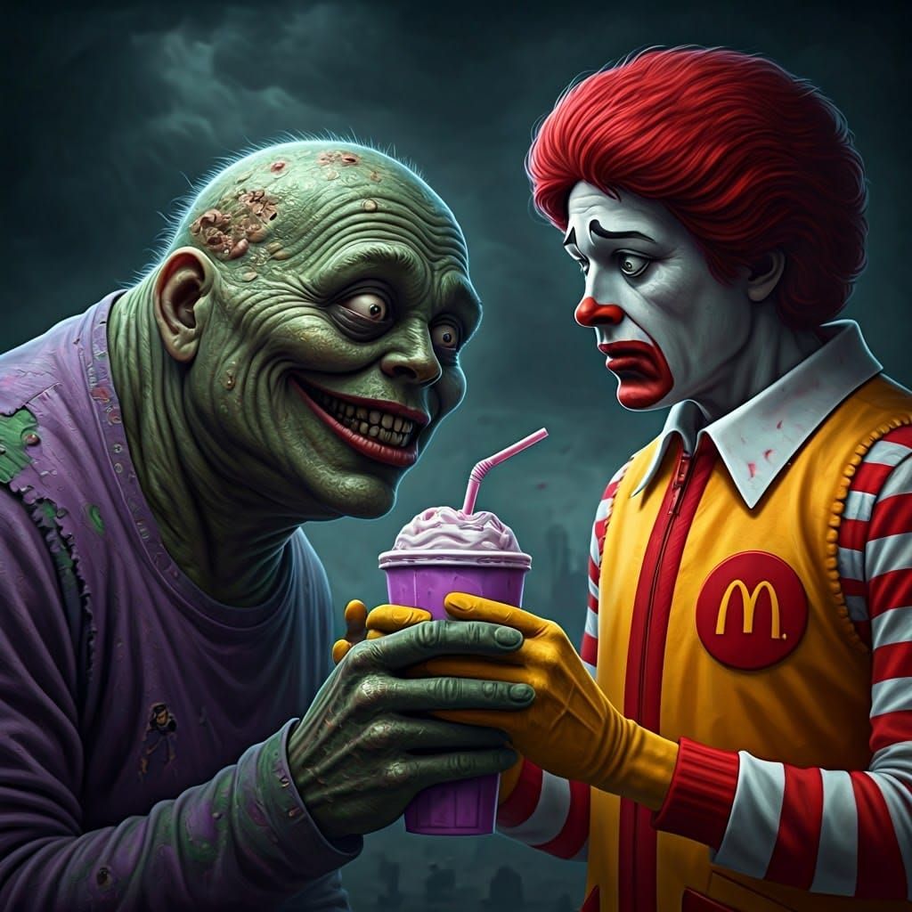 Grotesque Grimace and Worried Ronald in Dark Fantasy Style