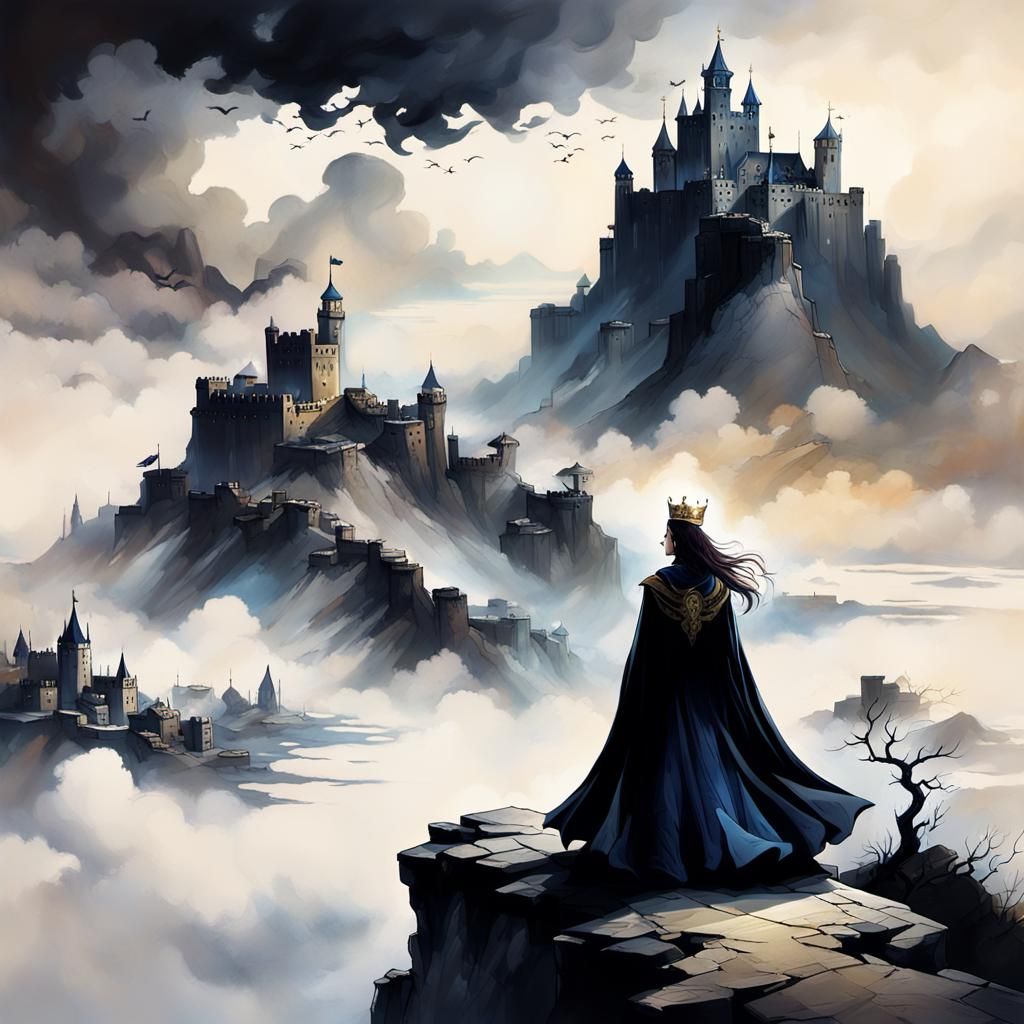 Regal Queen on Windswept Cliffside in Epic Fantasy Art