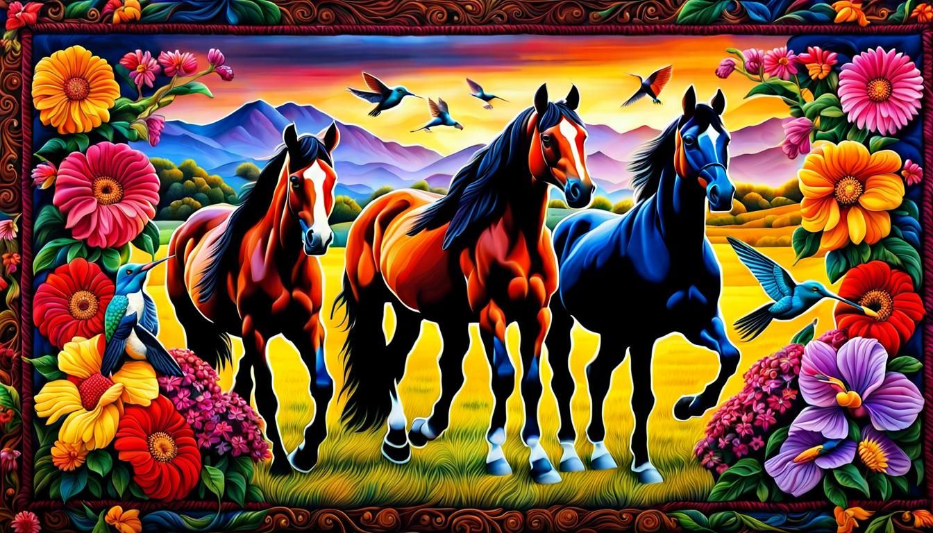 Colorful Patchwork Quilt with Hummingbirds and Horses