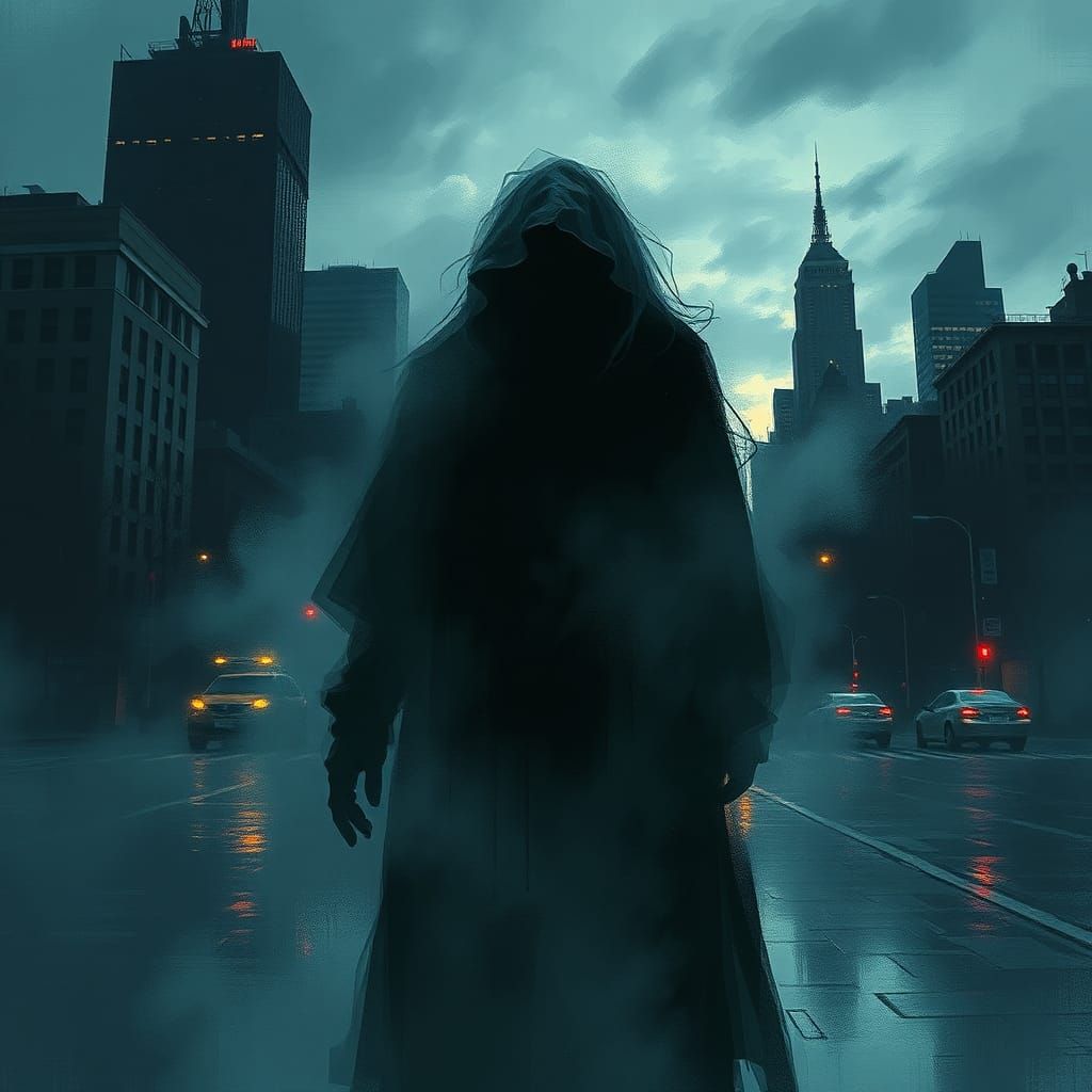 Figure Concealed in Shadows in Dark Cityscape