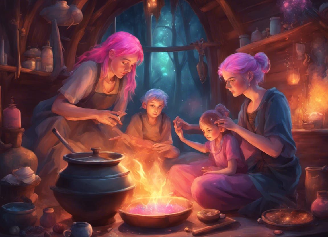 A brother (has blue hair) and a sister (has Pink hair),  Twin,  inside an enchanted magical hut, beside them their witch...
