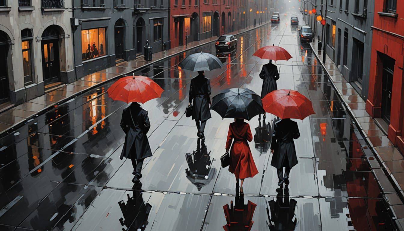 Expressionistic City Street Scene with Red Accents